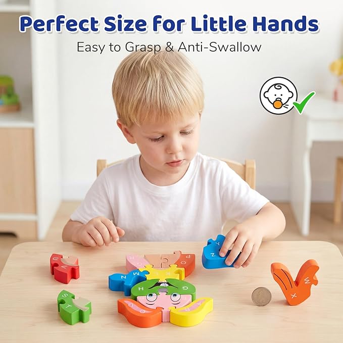 LovesTown Wooden Puzzles for Kids, Double Sided Rabbit Jigsaw with Alphabet & Numbers, Montessori Educational Toy for Toddlers, Chunky Animal Gift
