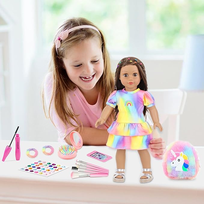K.T. Fancy 18 Inch Doll Clothes and Accessories - Dress Makeup Set -Included Skirt, Backpack, Headband, Cosmetic Brush, Mini Phone, Mini Comb, Stickers & Shoes（NO Doll）