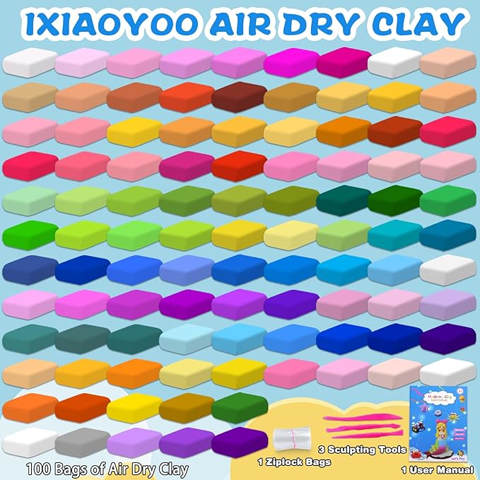 Air Dry Clay, 100 Colors Modeling Clay for Kids, Safe & Non-Toxic, DIY Model Art & Crafts Toys with Sculpting Tools, Home Party Favors, Birthday Toys Gift for Ages 3-12 Boys & Girls
