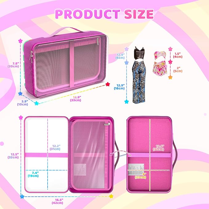 Carrying Case Compatible with Barbie Dolls 12-Inch,Case to Hold Dolls and Clothes, Much Pocket for Doll’s Clothes, Accessories, Fits 6 Dolls & Accessories,Bag Only (7-Transparency&Rainbow)