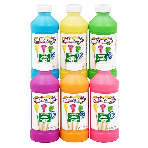 Colorations Paraben-Free Fluorescent Simply Washable Tempera Paint- Set of 6, 8 oz. Each Bottle, Non-Toxic, Classroom Essentials, Arts and Crafts Supplies for Kids and Adults