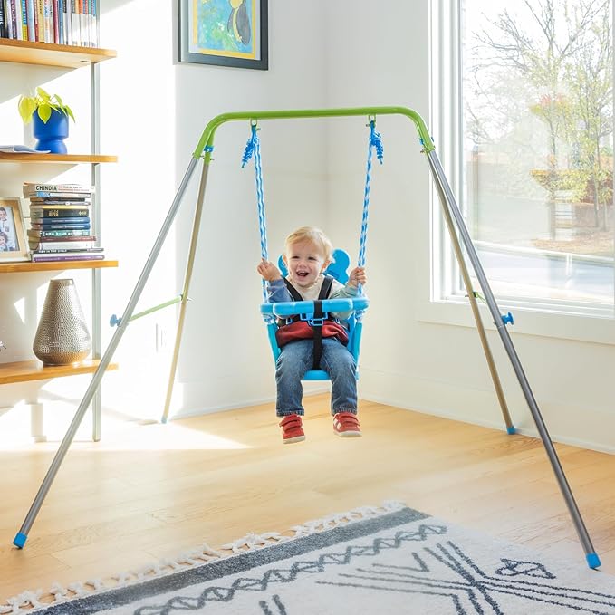 Sportspower My 1st Toddler Swing - Heavy-Duty Baby Indoor/Outdoor Swing Set with Safety Harness, Blue, 52"L x 55"W x 47"H