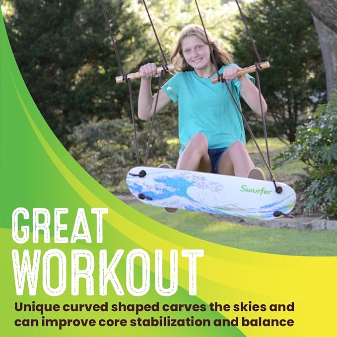 Swurfer TreeSkate Skateboard Swing, Outdoor Stand Up Surf Swing, Holds Up to 200 lbs, Ages 6 and Up, Adjustable Handles, Grip Tape, Kids Outdoor Play Equipment for Children and Adults (Waves) Blue