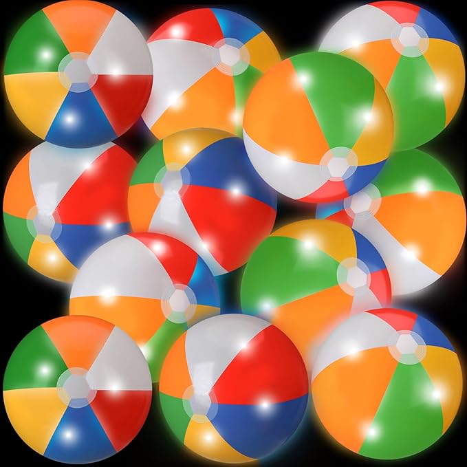 12 Pcs Light up Beach Balls 16'' Jumbo Pool LED Balls Glow in The Dark Neon Giant Inflatable for Summer Hawaiian Tropical Theme Beach Party Decor Water Accessory (Rainbow)