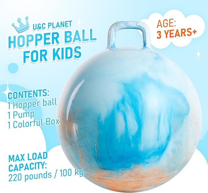 U&C Planet Hopper Ball 18 inches Bouncy Ball with Handle for Kids Age 3-6 Clouds Hoppity Hop Sit and Bounce Jumping Hopping with Pump and Gift Box Great Gift for Birthday Easter Basket Stuffers