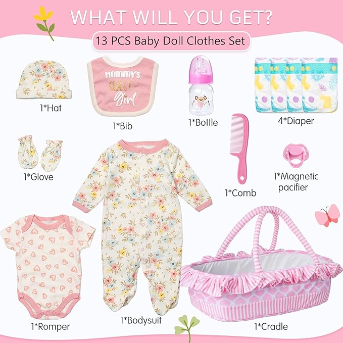 13 Pcs Reborn Baby Doll Clothes with Bassinet Pacifier Diaper fit 17-22 inch Reborn Dolls Cute Pink Baby Doll Clothes Accessories Set