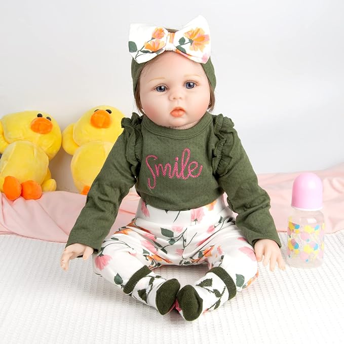 Reborn Baby Doll Clothes Outfit Accessories Army Green 4pcs Set for 17-22 Inch Reborn Doll Newborn Girl