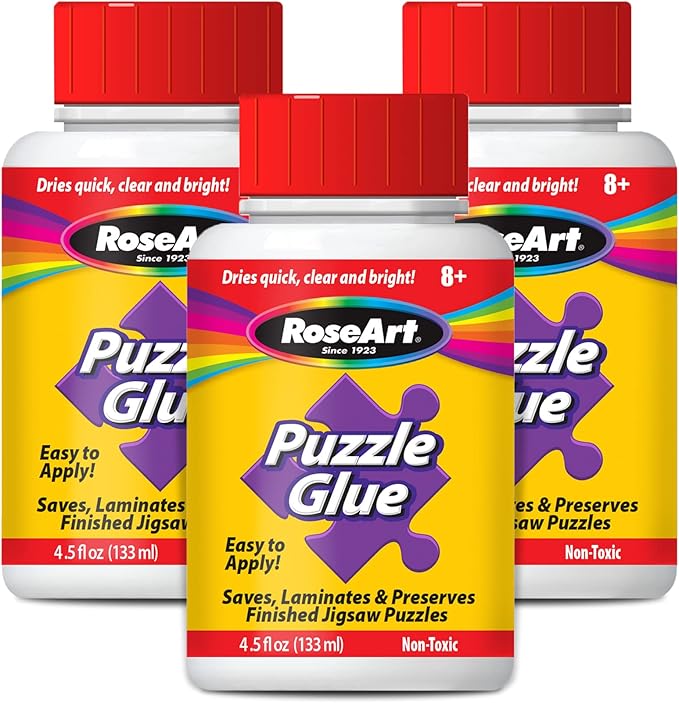 RoseArt Jigsaw Puzzle Glue with Applicator, 3-Pack – Clear Quick-Dry Formula to Seal, Laminate & Preserve Finished Puzzles (4.5 oz Bottles)