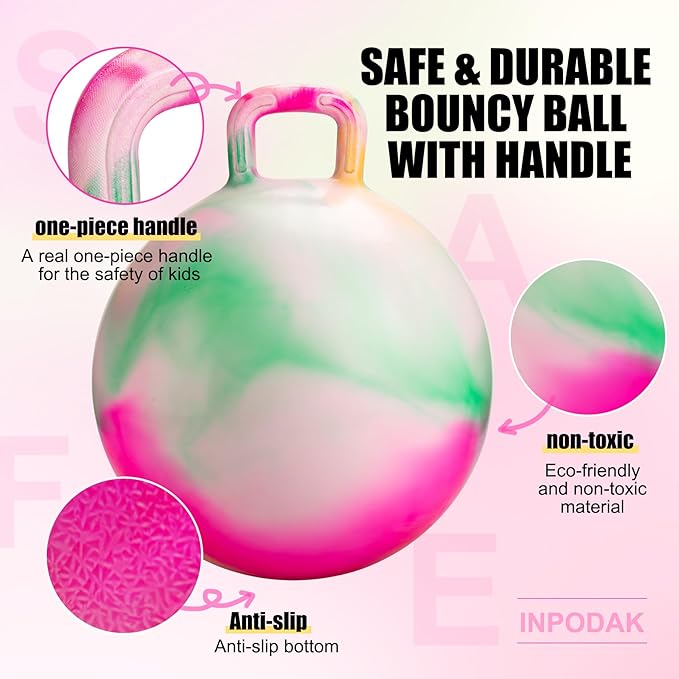 Hopper Ball 20 Inch Bouncy Ball with Handle for Kids, Hippity Hop Jumping Bounce Hopping Toy for Boys Girls Ages 5-9 with Pump and Gift Box Great Gift for Birthday Holiday (Pink)