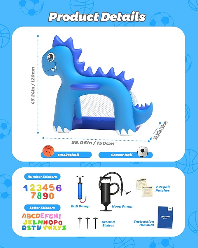 JOSEN Inflatable Toddler Basketball Hoop & Soccer Goal, 2-in-1 Mini Basketball Hoop Indoor Outdoor Sports Center Toys with DIY Stickers, Kids Birthday for Boys Girls 1 2 3 4 5 Year Old