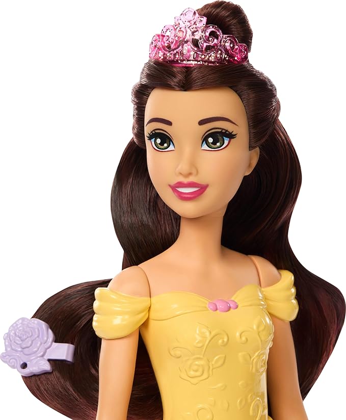 Mattel Disney Princess Belle Fashion Doll & Dog Figure with Color Change Spots, Bathtub, Brush & Hair Accessories, Inspired by Beauty & The Beast