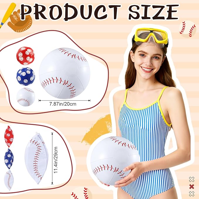 12 Pack Baseball Themed Beach Ball 7.87" Bulk for Summer Pool and Sports Beach Game Gifts and Birthday Party Supplies Decorations Favor