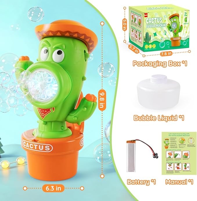 Cactus Bubble Machine, Automatic Bubble Blower with Music & Wiggle Action, Portable Handheld Bubble Maker with Lights, Birthday Gifts for Toddlers, Party Favors Toys, Easter Basket Stuffers for Kids