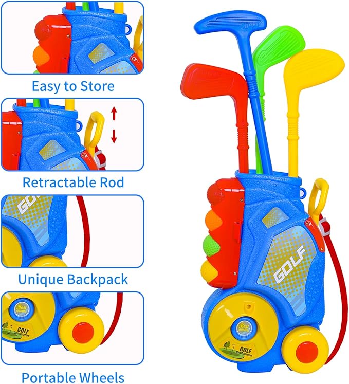 Nattork Toddler Golf Set for Boys Girls Aged 1 2 3 Years Old, Upgraded Kids Golf Cart with 4 Clubs & 12 Balls, Outdoor Indoor Sports Toy Birthday Gift, Blue