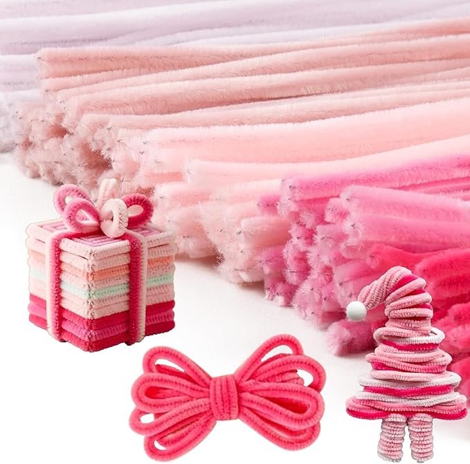 Caydo 200 Pieces Pink Pipe Cleaners for Easter Crafts and Decorations, Thickened Fluffy Chenille Stems Bulk for Kids Creative Arts & Craft Projects, Flowers Making