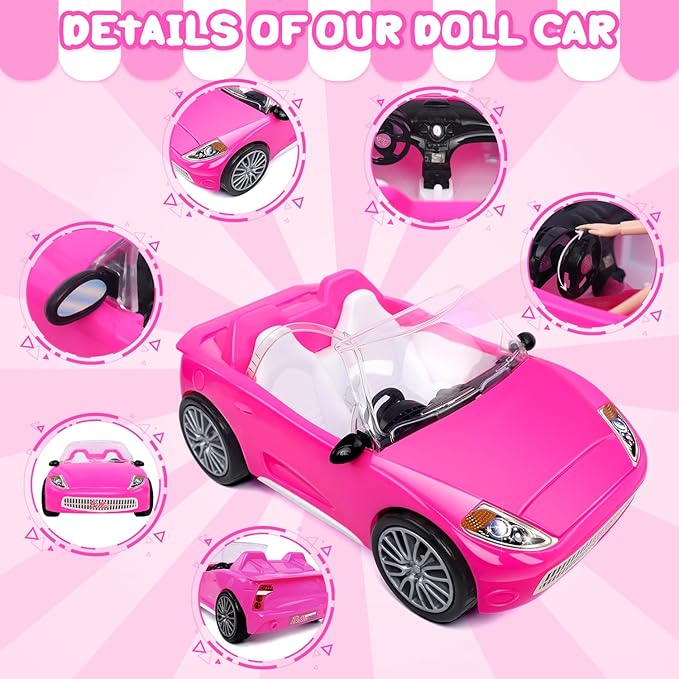 78 Pcs 11.5 Inch Doll Rose Convertible Toy Car Playset, Toys for Kids Including 11.5 in Girl Dolls, Toy Car, 1 Fancy Dress, 3 Regular Dress, 1 Fashion Dress, 71 Doll Accessories