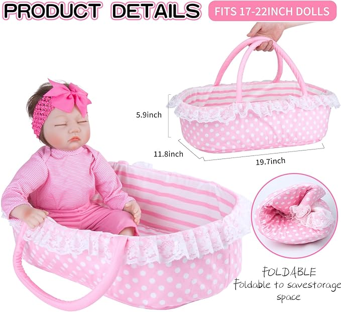 Pedolltree 8 Pcs Reborn Baby Dolls Clothes Girl Pink Striped Outfit Accessories with Pink Lace-Trimmed Bassinet for 17-20 Inch Reborn Dolls Newborn Baby Girl