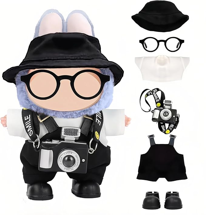 Clothes for LABUBU 17cm Doll (NO Doll) – 6-Piece Set, Hat + Overalls + Shirt + Camera + Glasses + Shoes, Outfit for LABUBU, Premium Dolls Accessories for LABUBU (Black)