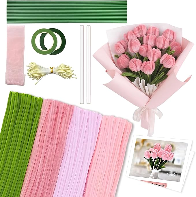 CllyCnny Pipe Cleaners Craft - 400 PCS Chenille Stems Flower DIY Kit Green Pink Pipecleaners Bulk with Stamens Floral Stems Tapes Ribbons Instructions for Tulip Bouquet Making Arts and Crafts Supplies