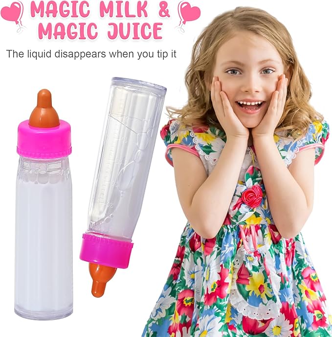 20 Pack Baby Doll Accessories, Baby Disappearing Doll Feeding and Caring Set with 2 Milk & Juice Bottles, 2 Toy Pacifier for Girls Toys Gift, Doll Clothes fit 18 Inch Doll