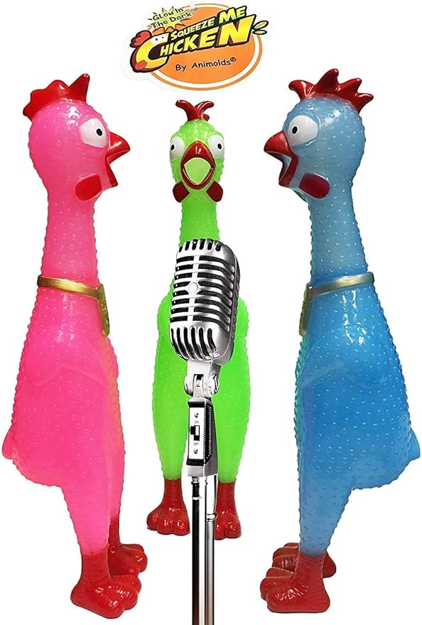 Animolds Squeeze Me Rubber Chicken Toy | Screaming Squeaky Chicken for Kids & Dogs | Novelty Prank Gag Gift (1 Pack Glow in The Dark)