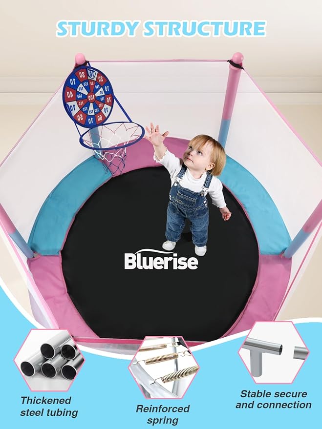 BLUERISE 55IN 6FT Toddler Trampoline for Kids Indoor Outdoor Play for Kids Trampoline Basketball Hoop Attachment with Enclosure Net Easy to Assemble