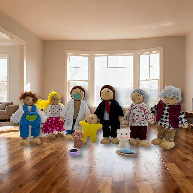 HYSTYLE 12 Pieces Wooden Dollhouse Family Set with Dog Cat Mini People Figures Dollhouse Dolls Wooden Doll Family Pretend Play Figures Accessories for Pretend Dollhouse (Style 4)