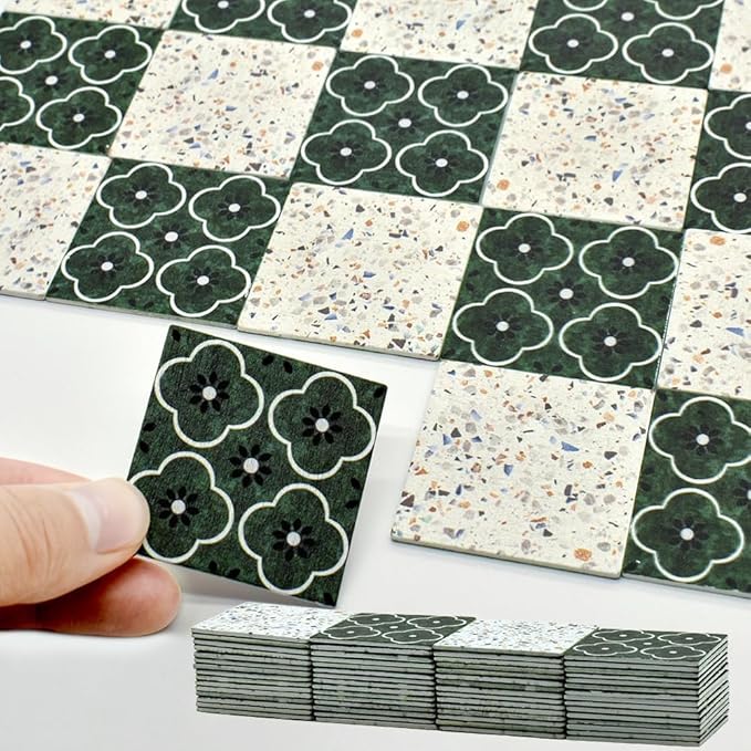 iLAND Dollhouse Flooring on 1/12 Scale 1/6 Scale, Miniature Dollhouse Accessories, 60pcs Double-Sided Dollhouse Floor Tiles (Advanced French Green Floral & Colorful Terrazzo)