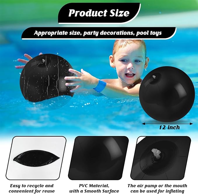 10 Pack Black Beach Ball - 12Inch Blow Up Beach Ball Party Supplies for Kids, Inflatable Floating Balls for Summer Pool Parties, Outdoor Activities & Birthday Decorations (Black)
