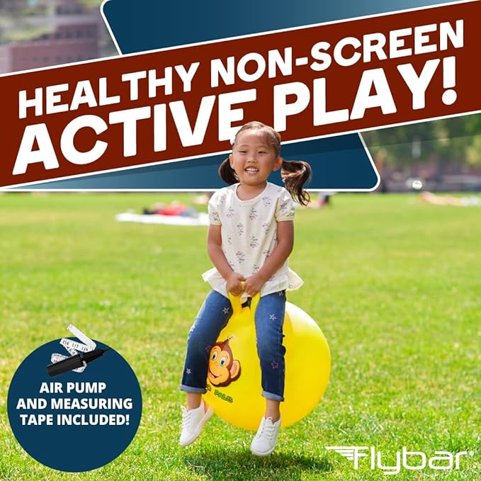 Flybar Hopper Ball for Kids, Inflatable Bouncy Ride-On Ball w/Handle for Indoor & Outdoor Active Play, Includes Pump, Jump Ball Toy for Boys & Girls, Supports Up to 185 lbs, Ages 6+, 22-Inch, Medium