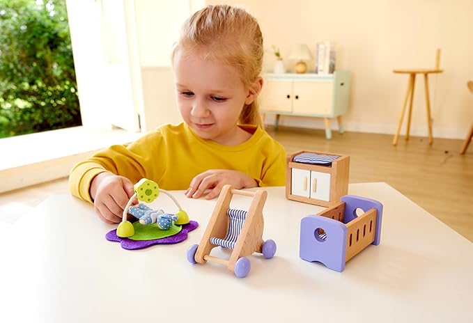 Hape Wooden Doll House Furniture Baby's Room Set with Baby| Pretend Playset for Kid’s Wooden Dollhouse