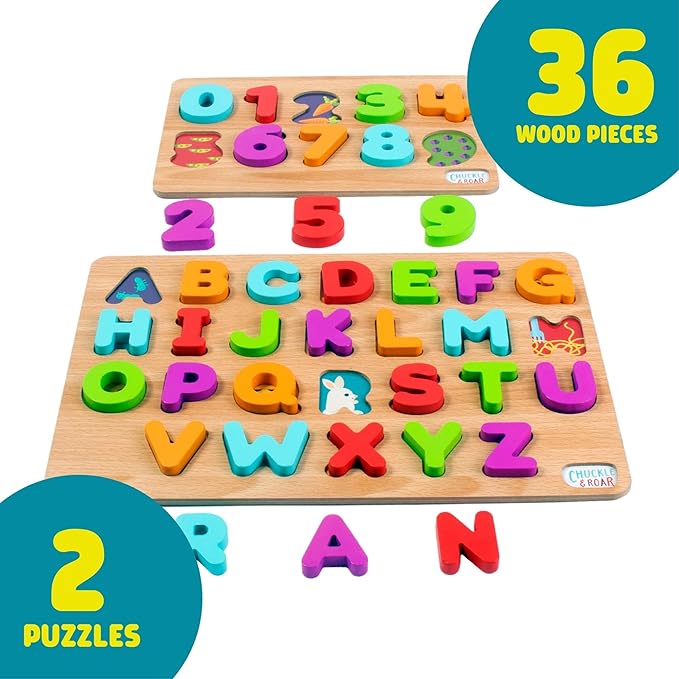 Chuckle & Roar - Wooden Puzzle ABC and 123 Theme 2 Pack - Peek a Boo Learning Puzzles for Toddlers - Hidden Pictures Under Each Piece - Educational Wooden Puzzles for Kids Ages 3+