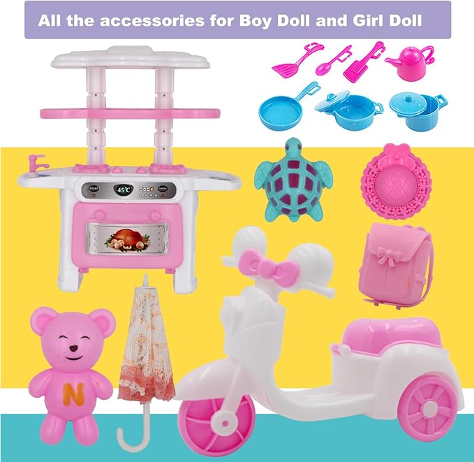 EuTengHao 34Pcs Doll Clothes and Accessories for 12 Inch Boy and Girl Dolls Chef Kitchen Playset Includes 18 Wear Clothes Stove Pots Motorcycle Bear Turtle Backpack Umbrella for 12 Inch Doll