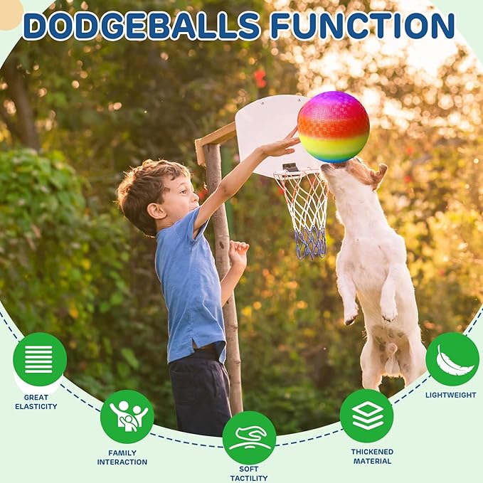 8.5 Inch Playground Balls Dodgeballs for Kids & Adults, Pack of 6 – Inflatable Colorful Rubber Kickball with Ball Pump and Net Bag