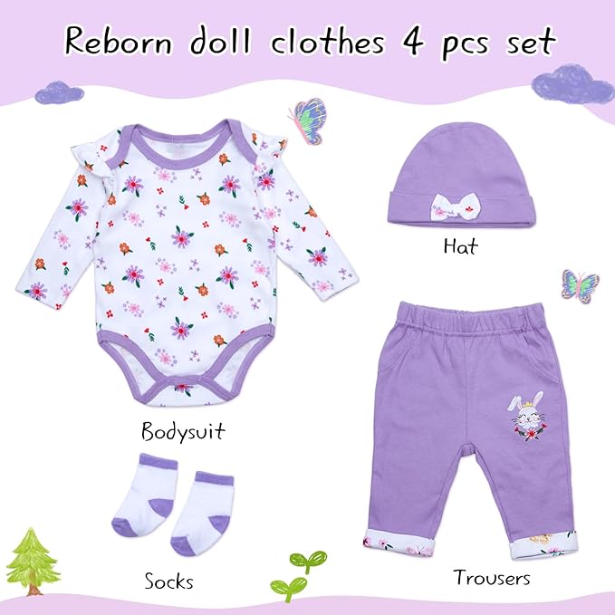 Reborn Baby Doll Clothes 4 Pieces 20-22 Inch Reborn Newborn Baby Doll Purple Clothes Sets 22 Inch Doll Clothing Accessories