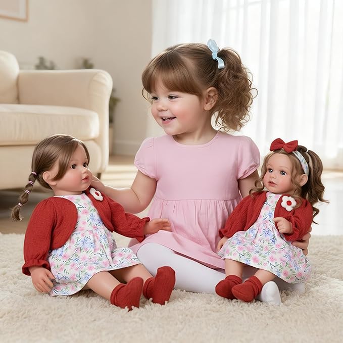 BABESIDE 4 Pcs Reborn Baby Doll Clothes Dress Set for 17-22 Inch Baby Dolls, Floral Dress with Wine Red Cardigan, Bow Headband and Socks, for Realistic and Reborn Babys Doll Clothes and Accessories