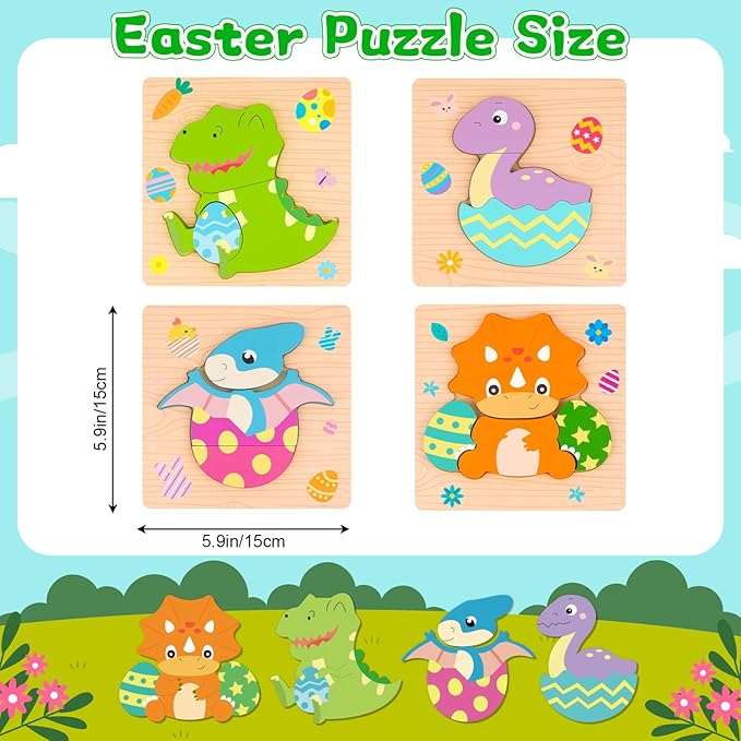 Easter Wooden Puzzles for Kids Toddlers,4 Pack Dinosaur Easter Puzzle,Easter Basket Stuffers Party Favors,Fun Dinosaur Puzzle Toy Gifts for Toddlers Kids Girls Boys