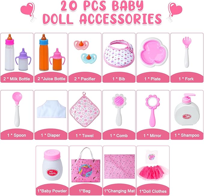 20 Pack Baby Doll Accessories, Baby Disappearing Doll Feeding and Caring Set with 2 Milk & Juice Bottles, 2 Toy Pacifier for Girls Toys Gift, Doll Clothes fit 18 Inch Doll