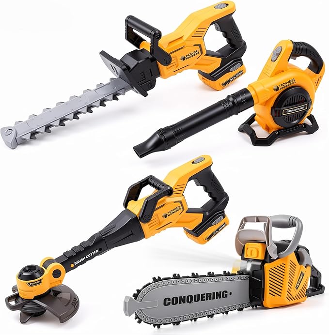 4 Pcs Toy Gardening Tool Set for Kids Toy Leaf Blower Weed Trimmer Hedge Trimmer Chainsaw Play Set with Lights and Sounds Birthday Gifts for Christmas Boys Girls