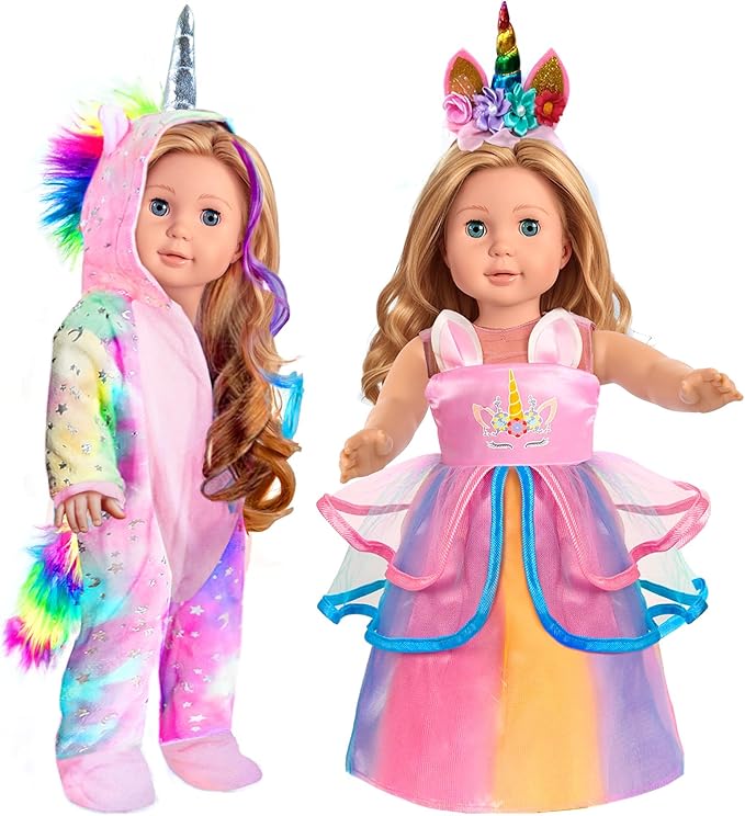 WONDOLL American 2-Sets 18-inch Doll Clothes Set - Amazing Rainbow Unicorn Clothes with Hair Clip and Headband - Compatible with All 18 inch Dolls Accessories for Kids -Pink（no Doll）
