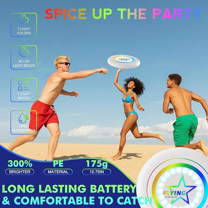 Light Up Flying Disc Toy Kids, Adults, Teens – 7 Glow in the Dark Modes, 22 Bright LEDs, Rechargeable, Outdoor Flying Sport Disc for Night Games, Family Fun, Beach, Park, Camping