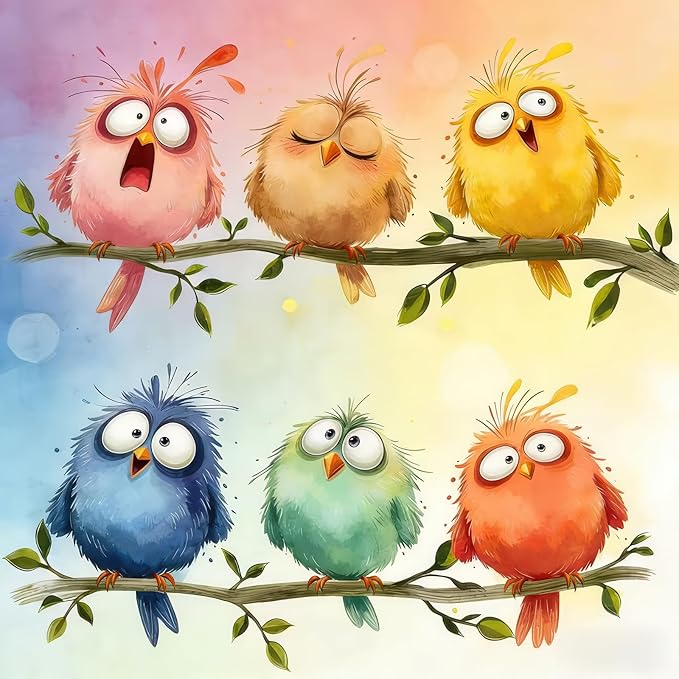 Funny Birds 1000 Piece Puzzle for Adults, Puzzles with Letters on Back, 6 Cute Cartoon Birds Pastel Watercolor Spring Garden, 22.8x22.8 Wall Art, Challenging Family Game, Easter