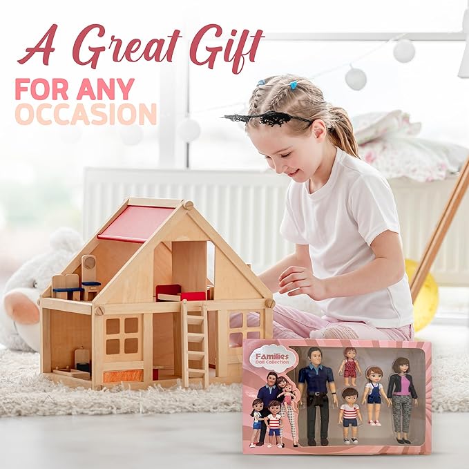 Family Dollhouse People - Bendable Doll House People Figures - 5 Poseable Action Figures Incl. Mom, Dad, Sister, Brother, & Toddler - Small Dolls for Doll-house Designed to Fit Standard Dollhouses