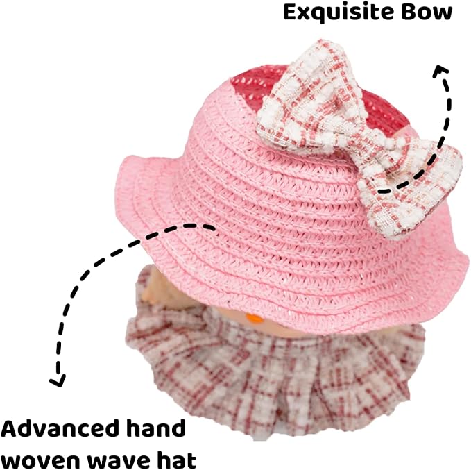 Doll Clothes for 17cm Dolls, Premium Handmade Fashion Clothes 3 Piece Set Including a Weaving Hat, Clothes and Bow with High-End Dolls Accessories for Play & Display - Pure Pink (No Doll No Logo)