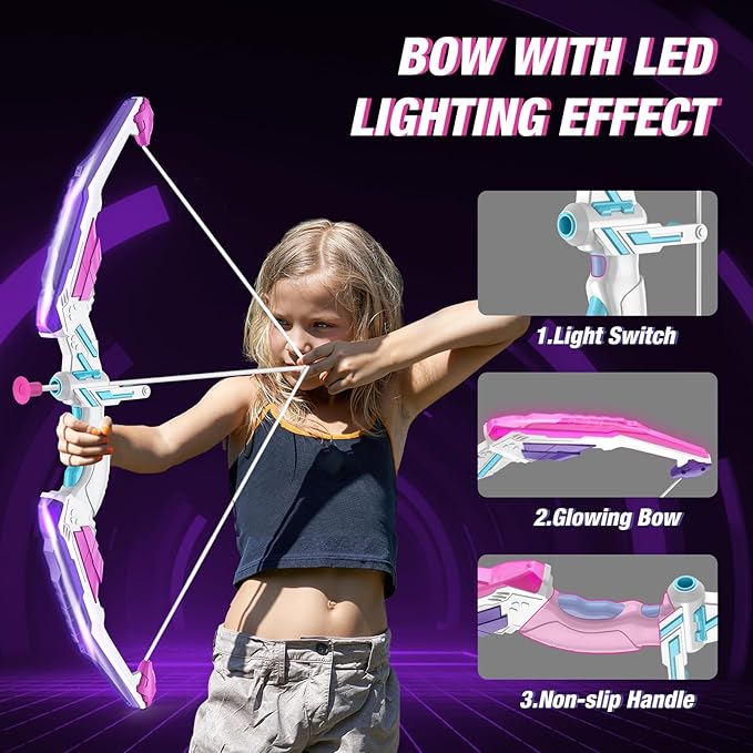 2 Pack Bow and Arrow for Kids 4-6, LED Light Up Archery Set with 24 Suction Cup Arrows, 1 Unicorn Standing Target, 6 Score Targets & 2 Quiver, Indoor Outdoor Sport for Girls Ages 8-12