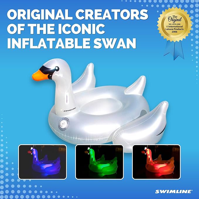 SWIMLINE ORIGINAL 90702 LED Inflatable Swan Pool Float Lounge| Light-Up Ride-On Floatie Raft with Stable Legs | 3 Color Options for Parties & Relaxation
