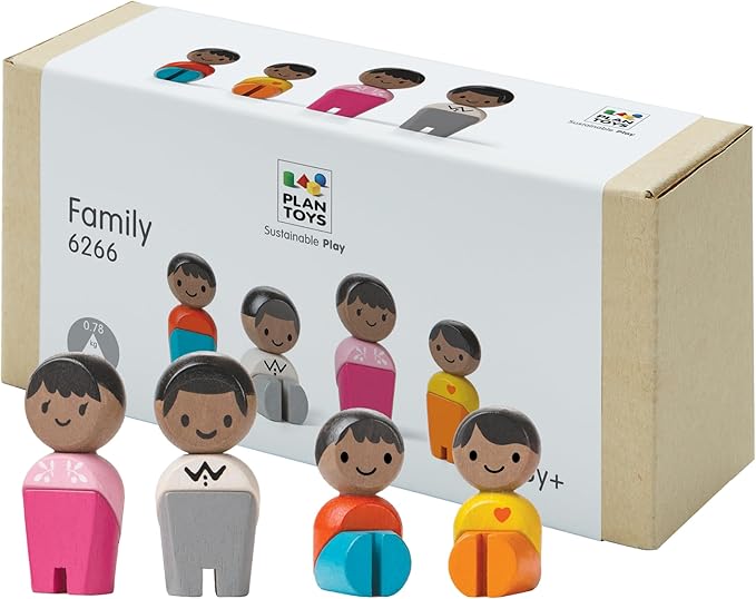 PlanToys® Family Wooden Dollhouse Figurine Set | 4 Poseable 1:12 Scale Mini Dolls (Parents & Kids) | Dollhouse Accessories for Pretend Play | Eco-Friendly Montessori Toy for Kids Ages 3+