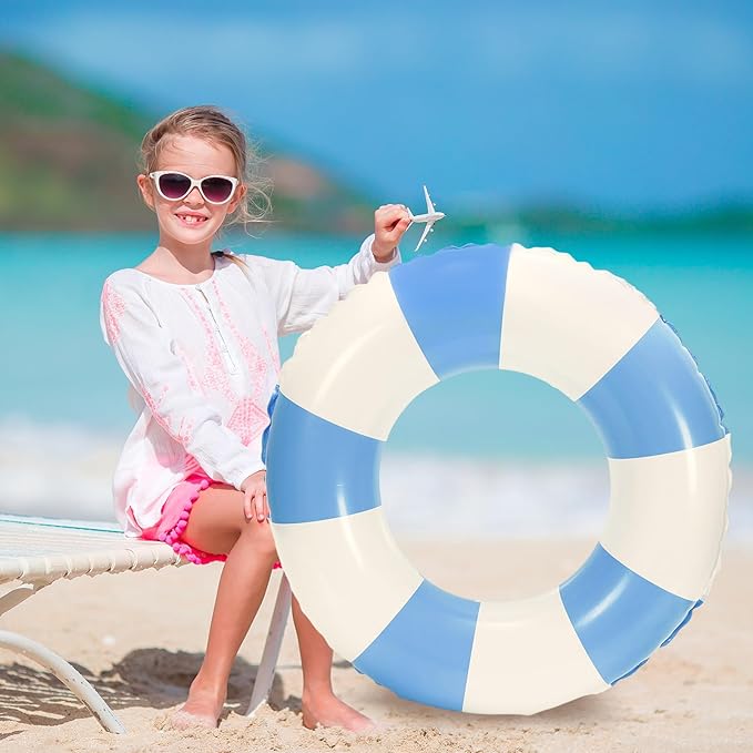 Whaline 4Pcs Inflatable Swimming Float Toy Striped Swim Ring Fun Print Pool Lounger Tube for Summer Swimming Beach Party
