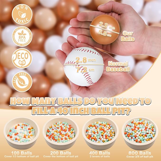 GOGOSO Ball Pit Balls for Toddler, Baby Plastic Playballs Kids Soft Pastel Pelotas Non-Toxic BPA-Free,Beige+Gold+White,100 Balls