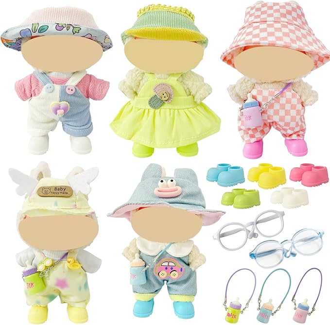 Ezcora Macaron Style Doll Clothes Set for 17cm Dolls, Include 5 Outfits with Hats, Shoes, Glasses and Mini Bags, Cute Dress Up Outfit for Doll Display, (No Dolls) (Macaron Style)